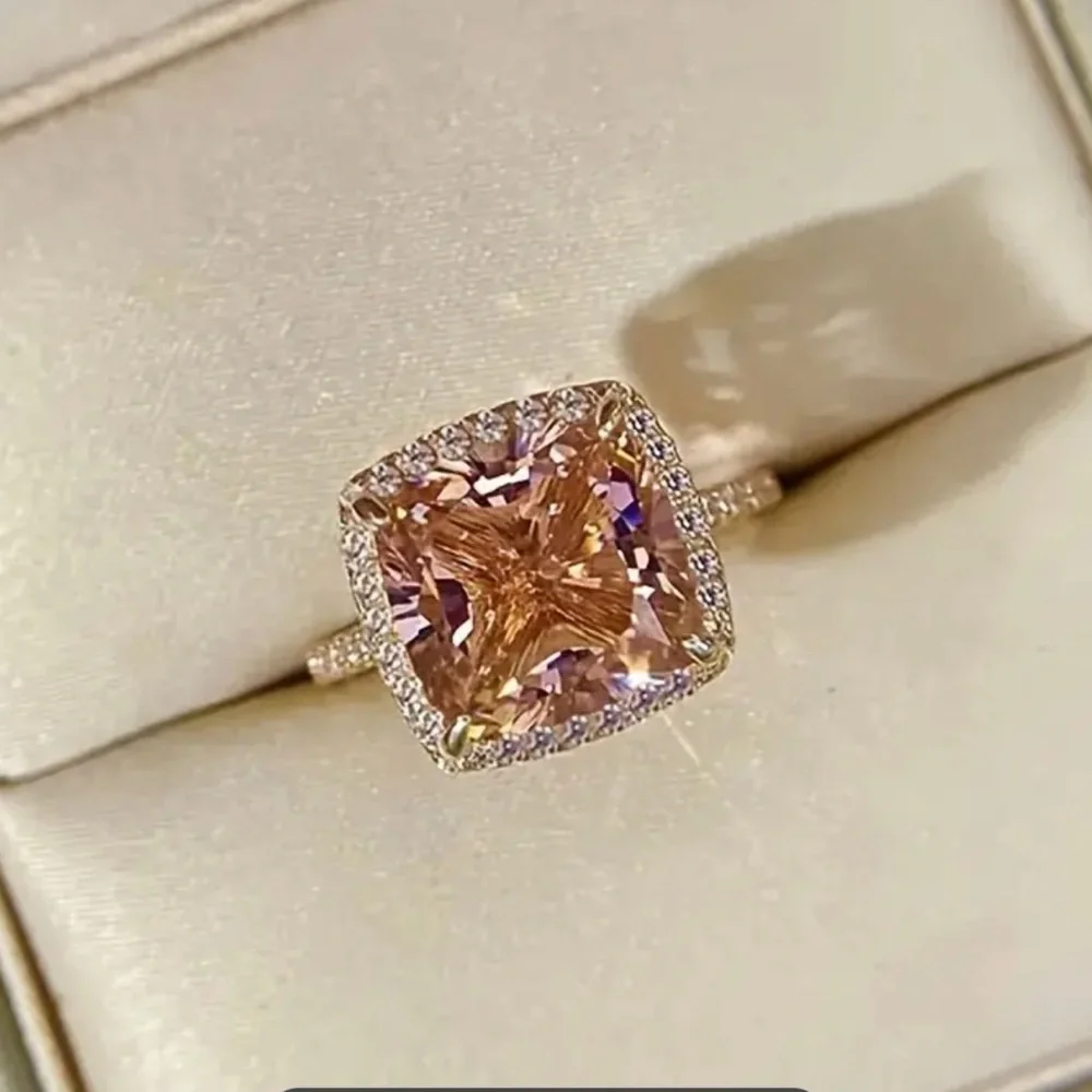 New elegant halo ring 18k rose gold plated morganite cubic zirconia‎ size 7